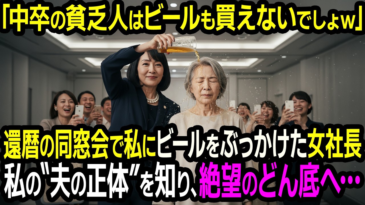同窓会で友達をいじめた2代目女社長は知らなかった。中卒の私にビールを浴びせた結果、私の夫が「旦那が恐れる業界のドン」だと判明して…ｗ
