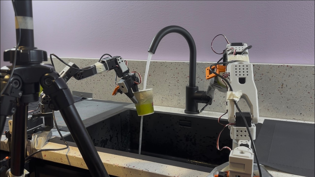LeRobot-101&mdash;Two-arm collaboration: fill cup with tap water using ACT (Action Chunking Transformer)