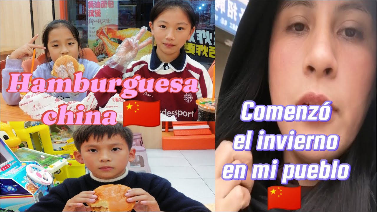 Comenzó el invierno en mi pueblito 🇨🇳/Mis hijos y la vecinita comiendo hamburguesa 🍔🍟🍗🇨🇳