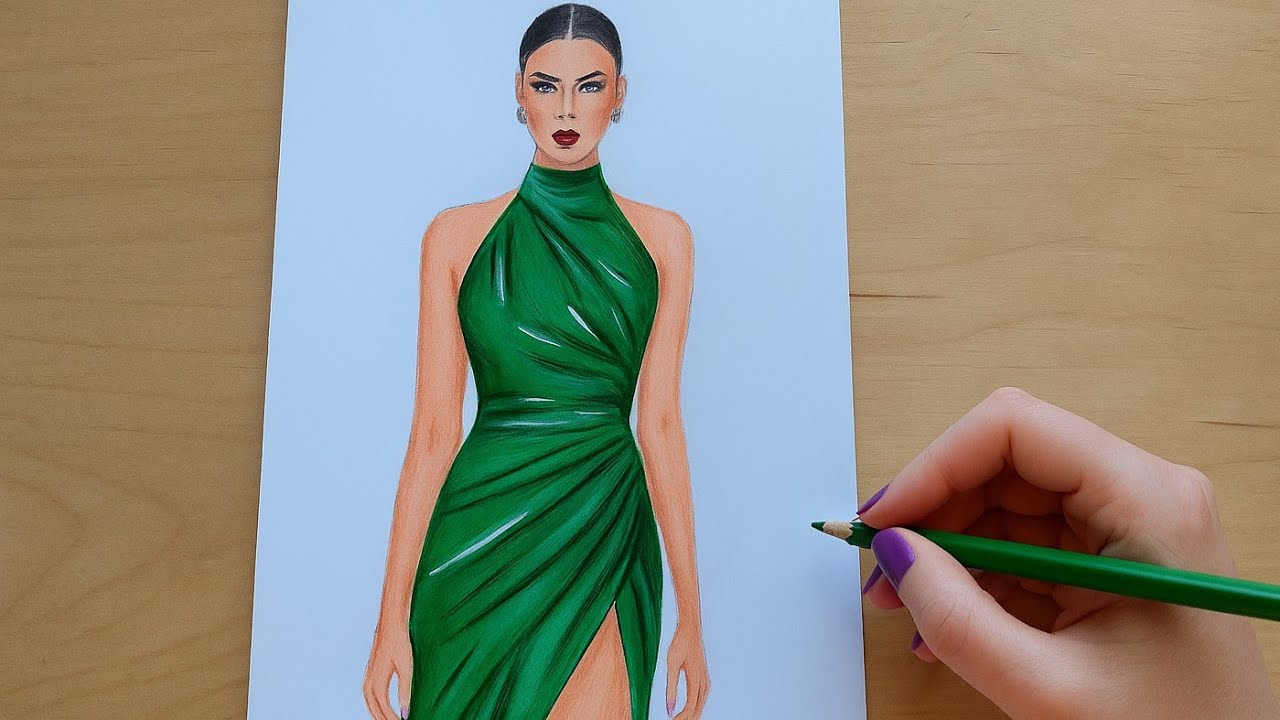 Mesmerizing Satin Fabric Drawing | Green Dress Timelapse (Hyper Realistic)