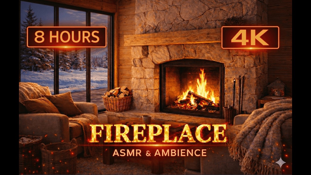 8 hours Cozy Fireplace Ambience 🔥 Snowy Winter Cabin | Relaxing Fire Sounds for Sleep & Study