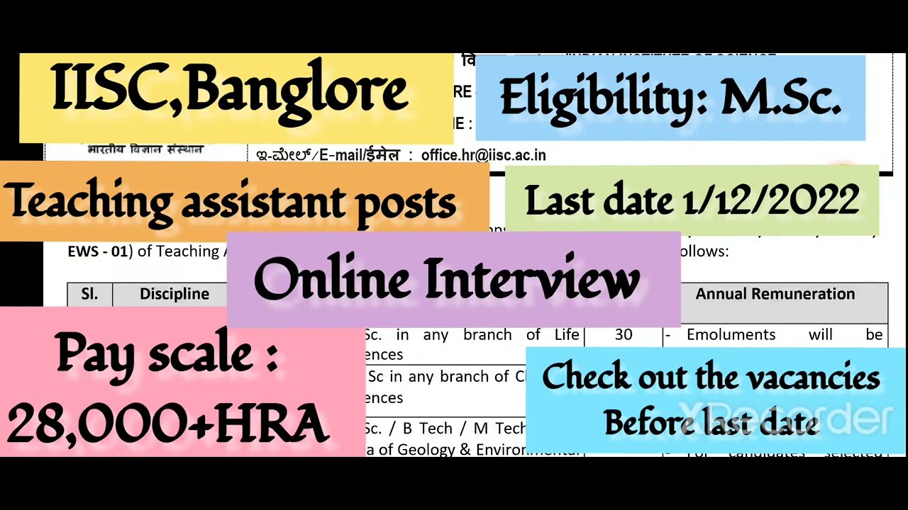IISC Banglore Teaching Assistant Recruitment #jobafterMSc #IISC #teachingvacancy