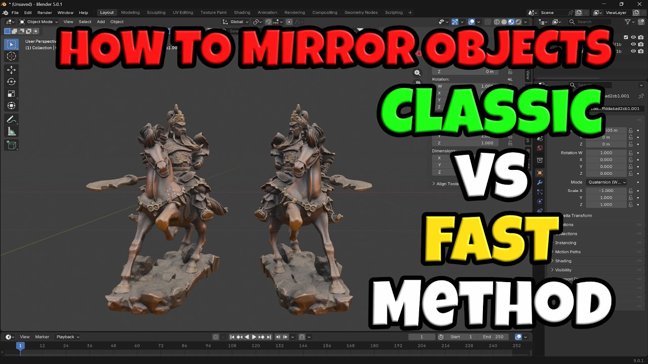 Зеркальное отражение 3D-моделей ИИ в Blender: классический метод против быстрого метода