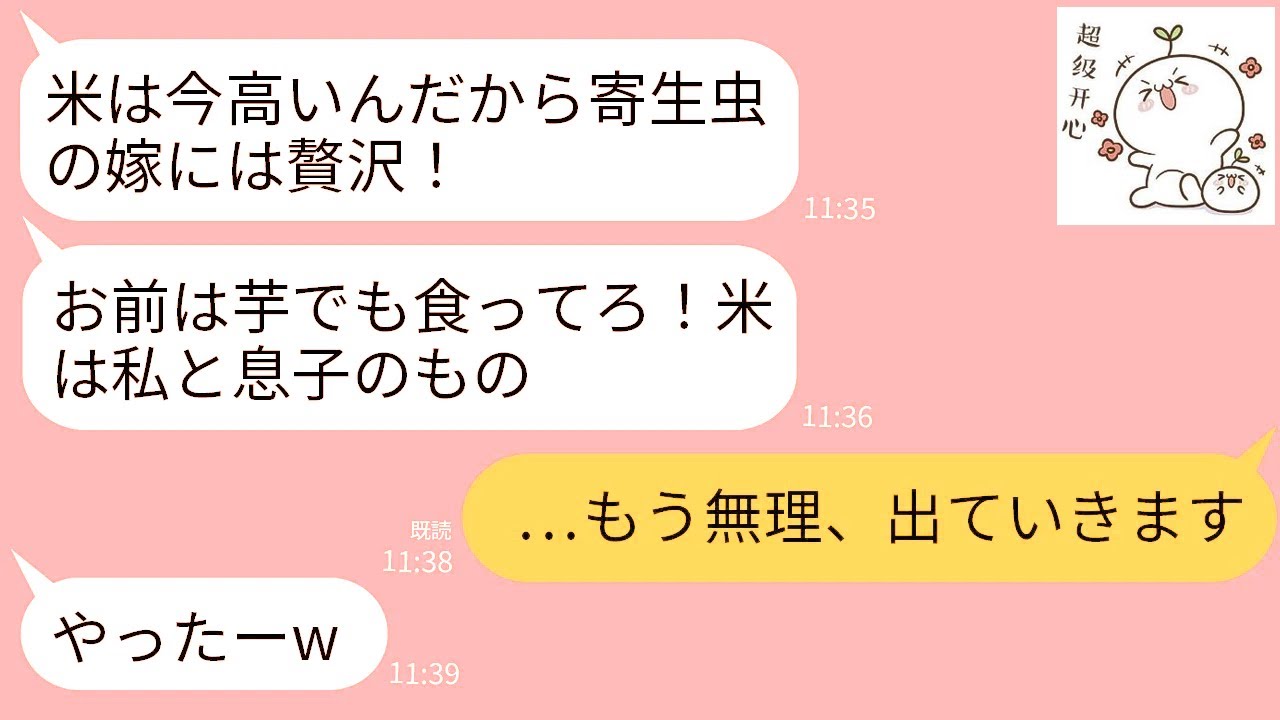 【LINE】生活費を全額支払う私に義母が「寄生虫の嫁は米食うな！米は私と息子で食べるからお前は芋でも食え！」→キレた私が全ての支払いやめて永遠に消えた結果www