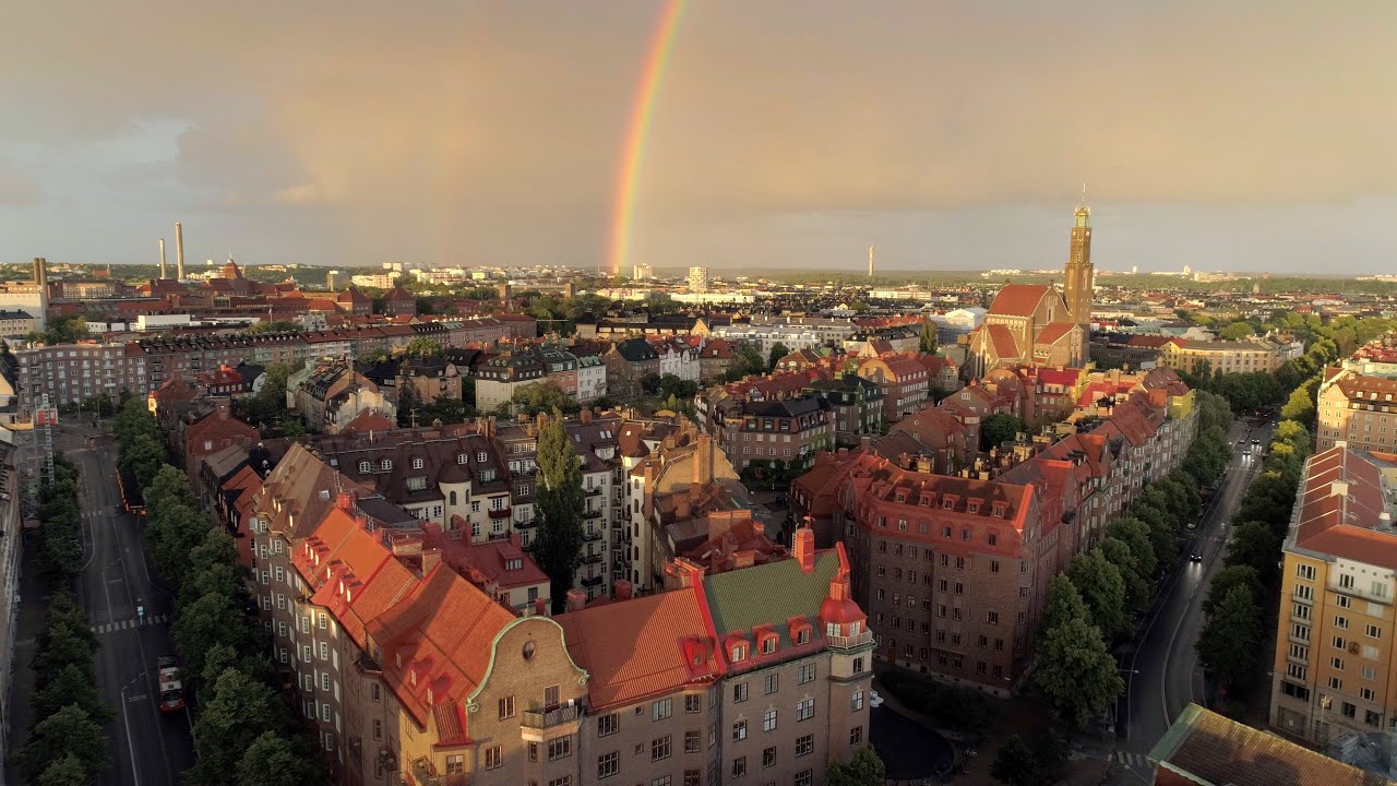Rainbow over Stockholm - Aerial drone Stockholm city, Sweden