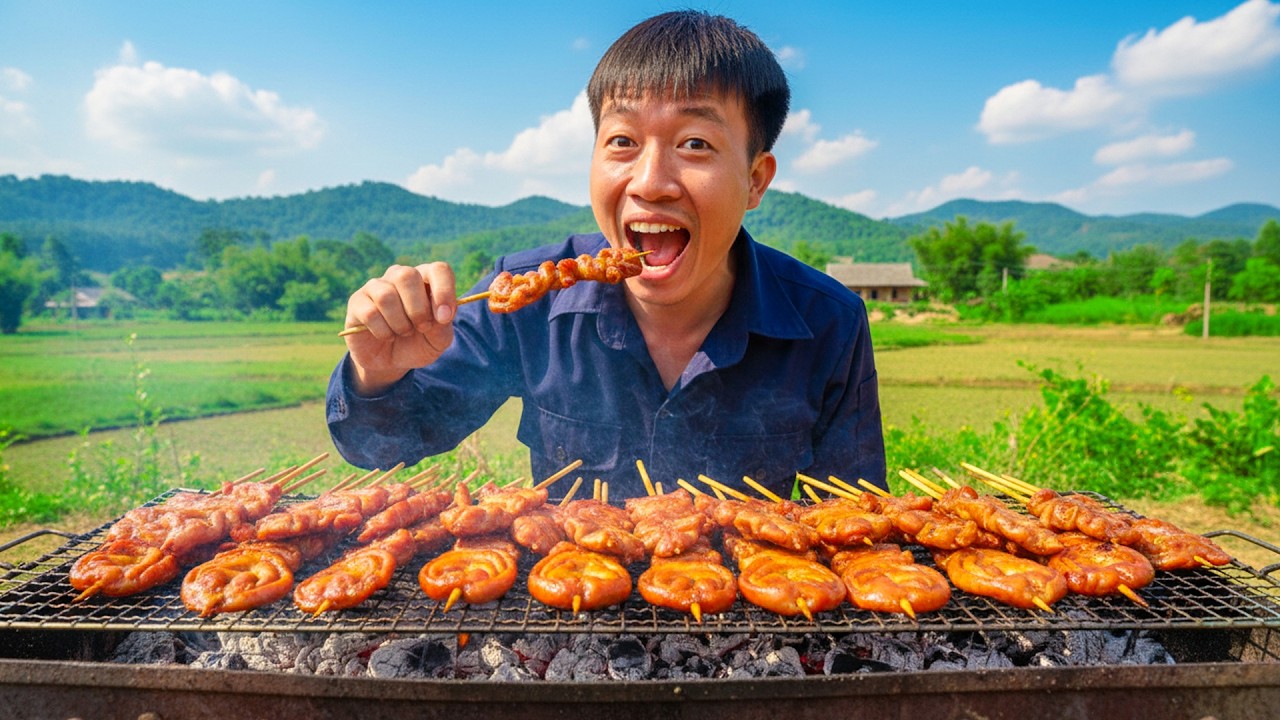 Village Boy Makes Crispy Grilled Pork Intestines | Traditional Vietnamese Garden Cooking