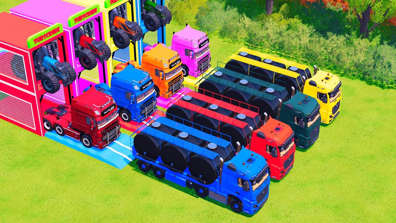 Transport with Colors - ALL MIXER TRUCK WITH DOUBLE FLATBED TRAILER TRUCK & TRACTOR! FS22 #55