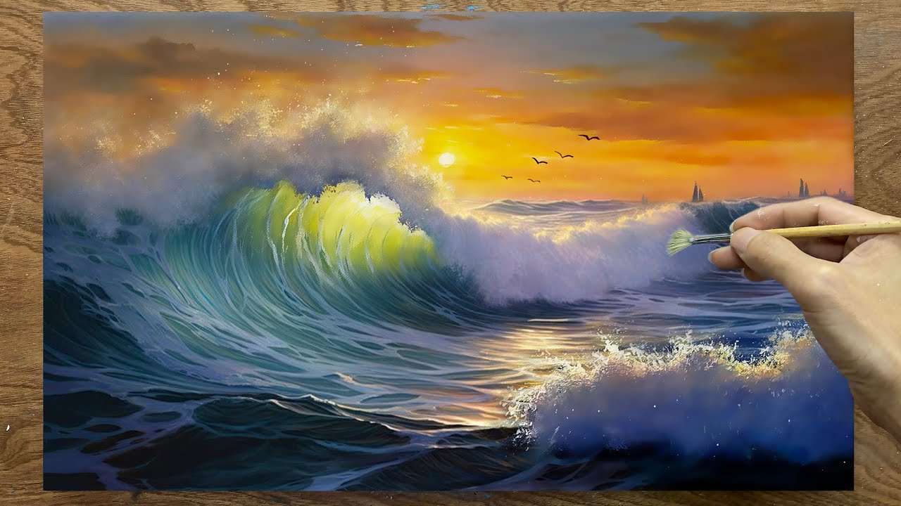 How to draw ocean waves / Sunset landscape on the sea / Acrylic painting / A Lu Art.