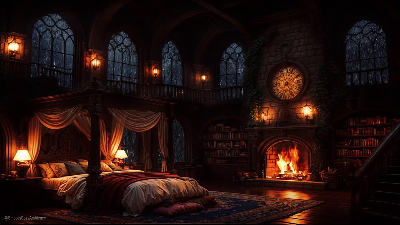 Gothic Castle Interior Room Rainy Calm Atmosphere Sounds