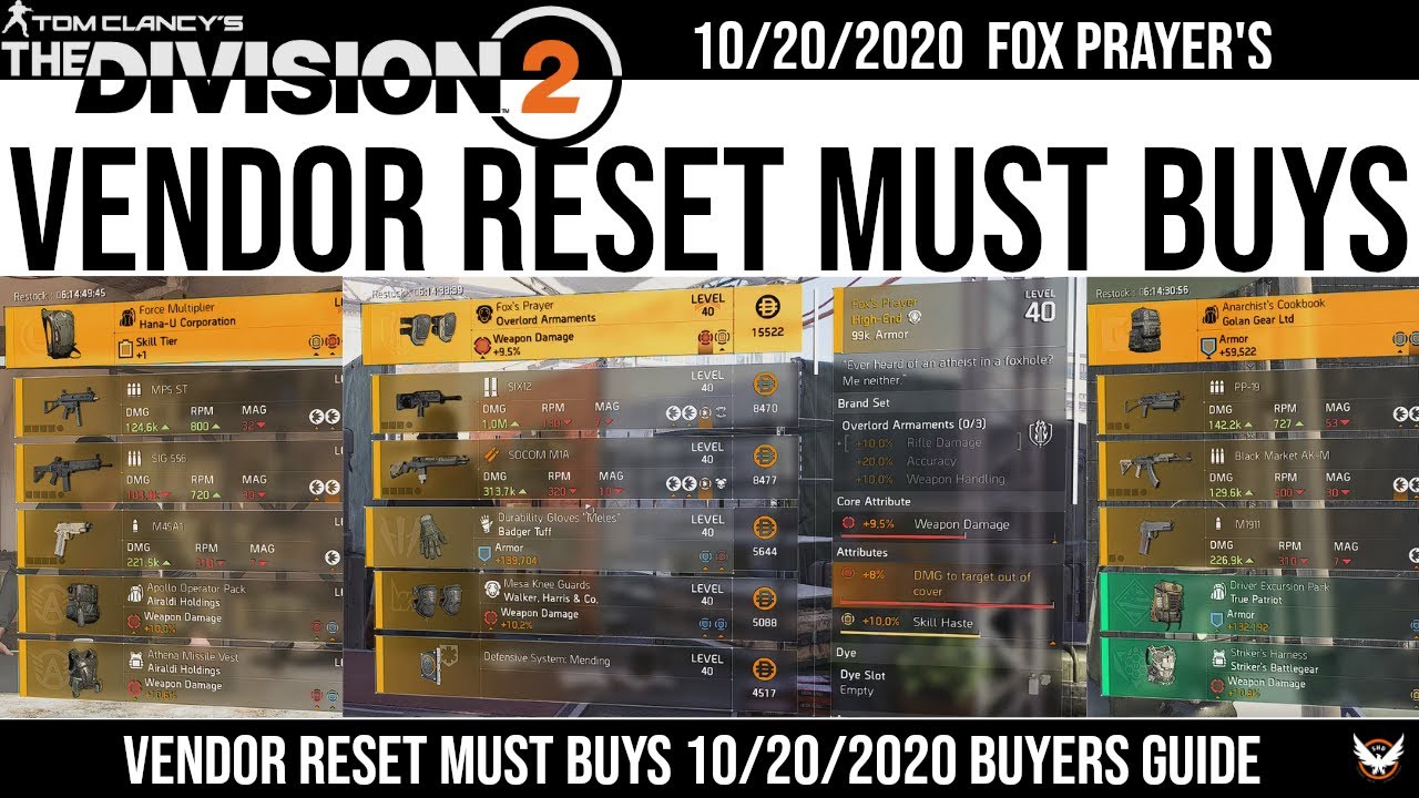 The Division 2 | Vendor Reset 10/20/20 | Must Buys | Fox Prayer's | Force Multiplier | Buyers Guide