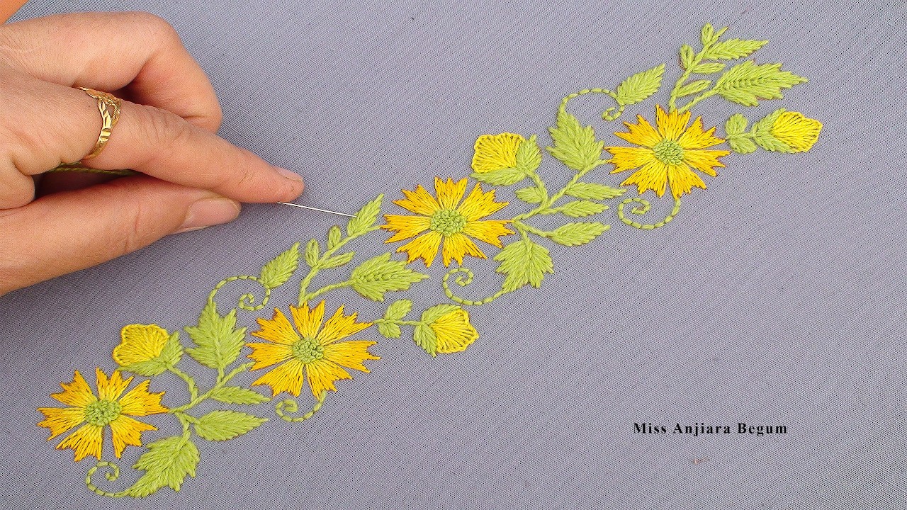Beautiful Yellow Daisy Floral Border Hand Embroidery