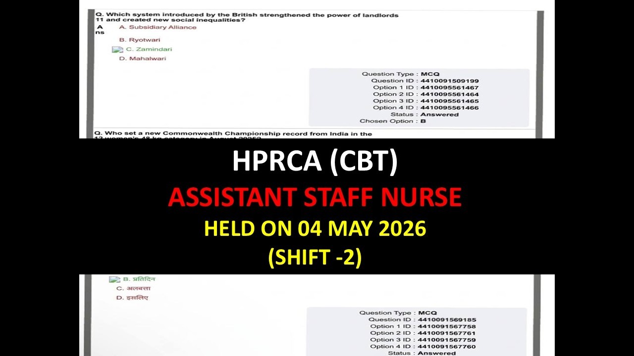 HPRCA ASSISTANT STAFF NURSE SOLVED PAPER HELD OM 04 MAY 2026