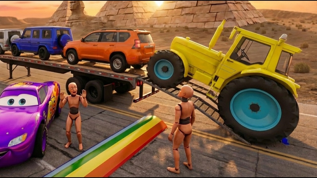 TRANSPORTING PIXAR CARS & FRUITS WITH COLORED & JOHN DEERE vs CLAAS vs TRACTORS - BeamNG.drive #31
