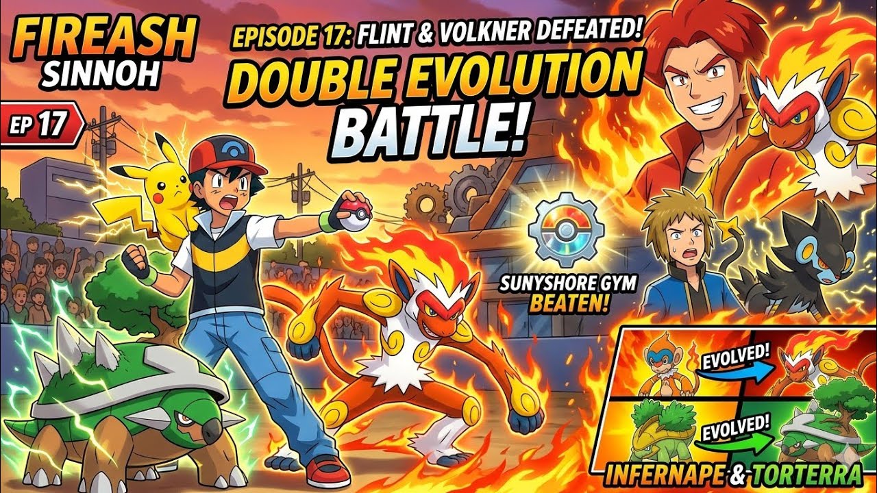 Pokemon Fire Ash (Sinnoh) # Episode 17 INFERNAPE & TORTERRA EVOLVE! Ash vs Elite Four Flint!