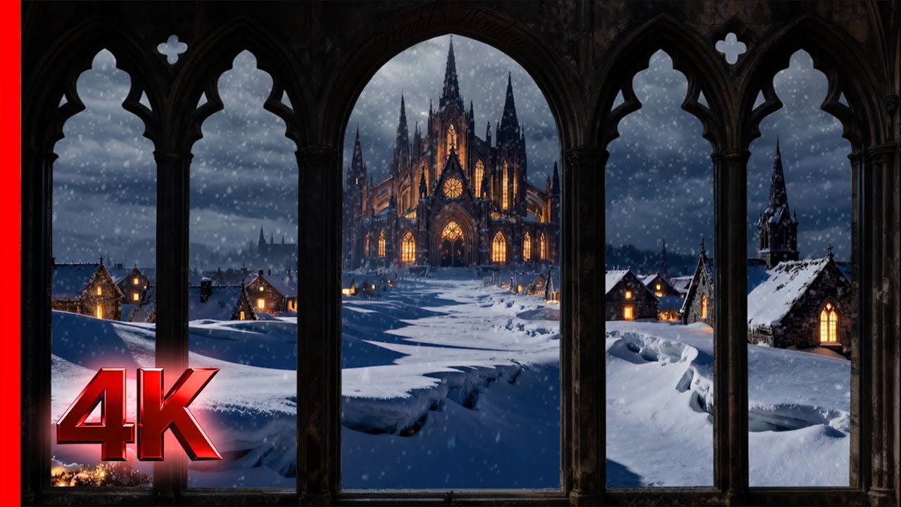 Snowy Gothic Castle Window Timelapse. Day to Night Winter Ambience for Relaxation