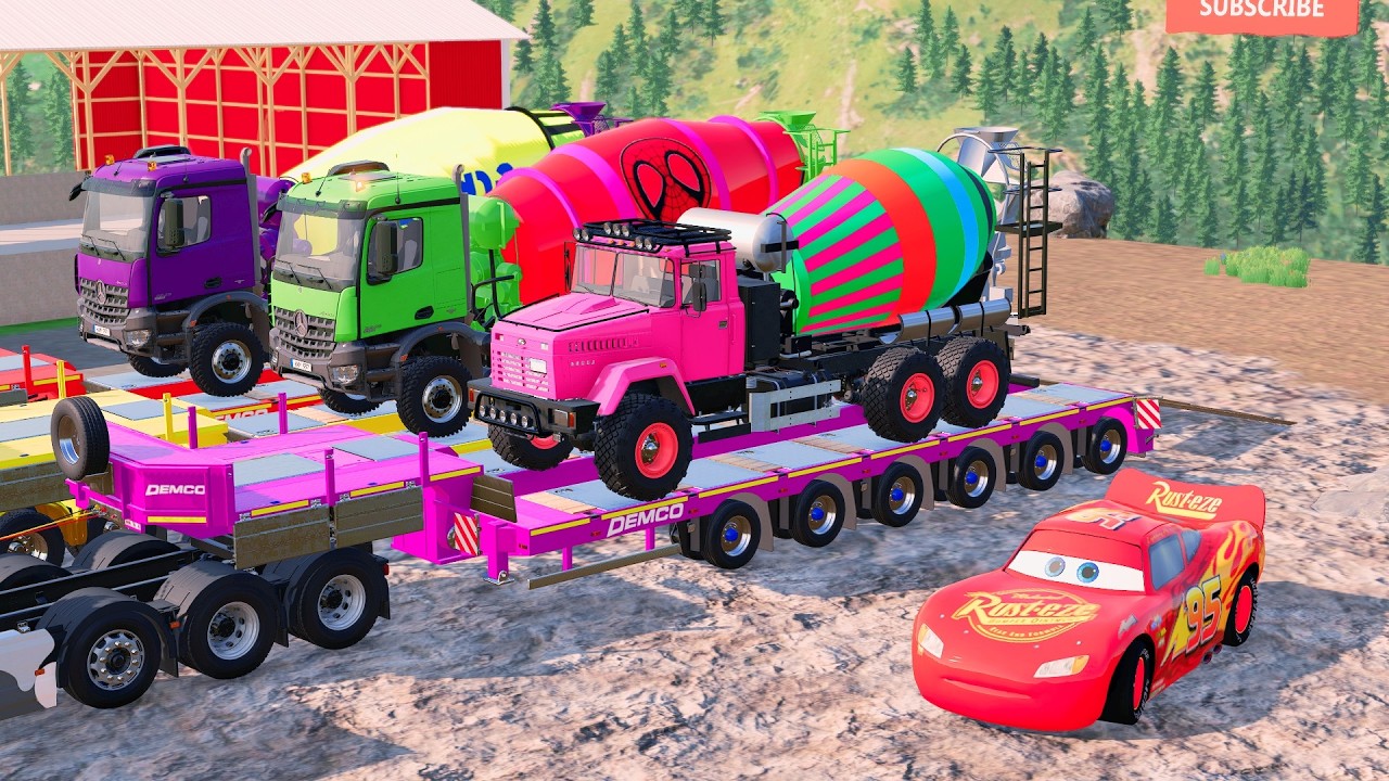 Triple Flatbed Trailer McQueen Transportation with Truck - Speedbumps vs Cars vs Train - BeamNG #