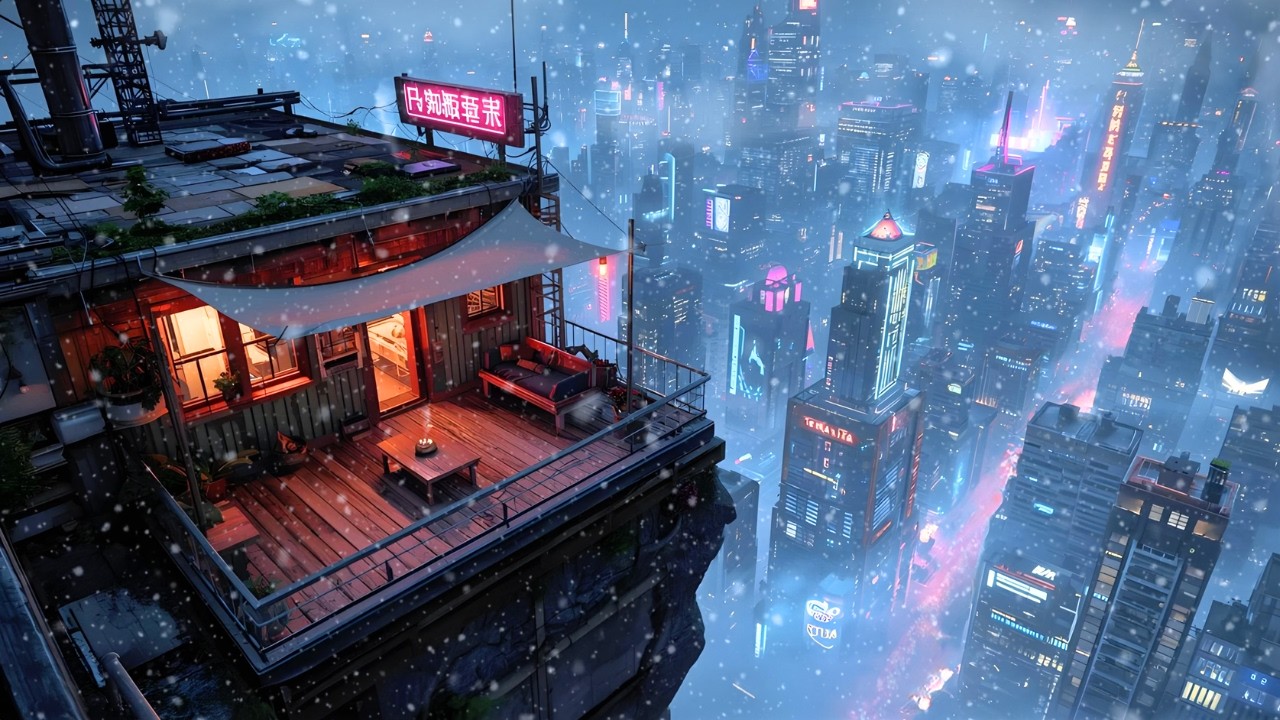 Snowy Rooftop Cabin Above Neon City: Night Winter Ambience for Sleep, Study & Focus | 4K | 3 Hours
