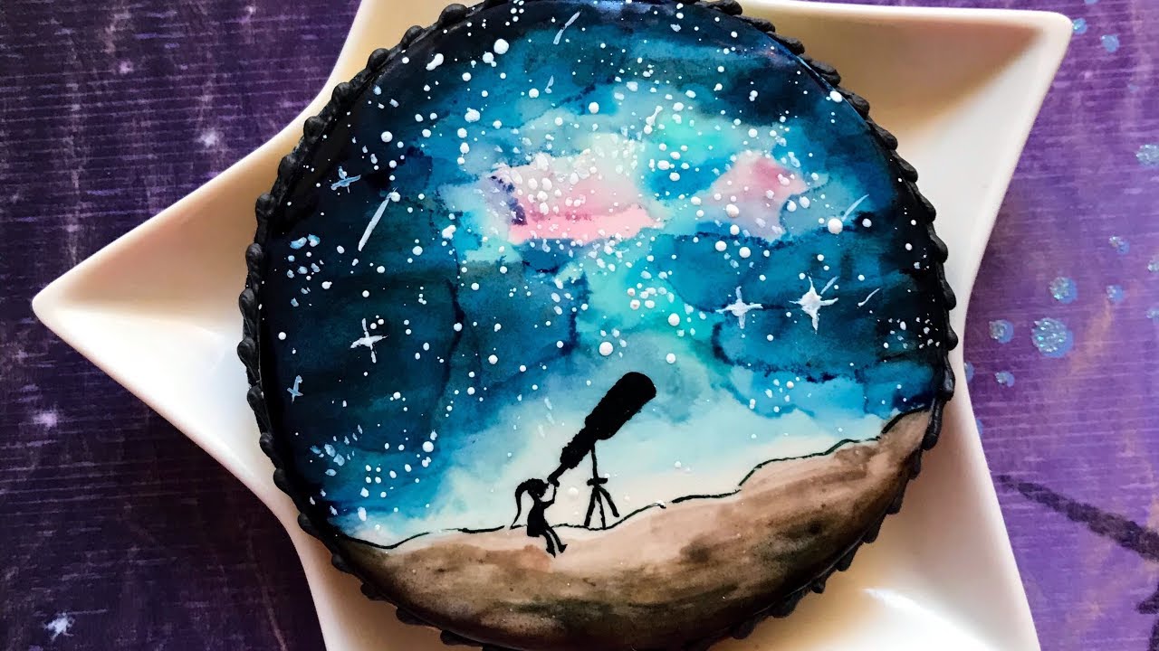 How to paint starry sky on royal icing using watercolor technique 🌗💫