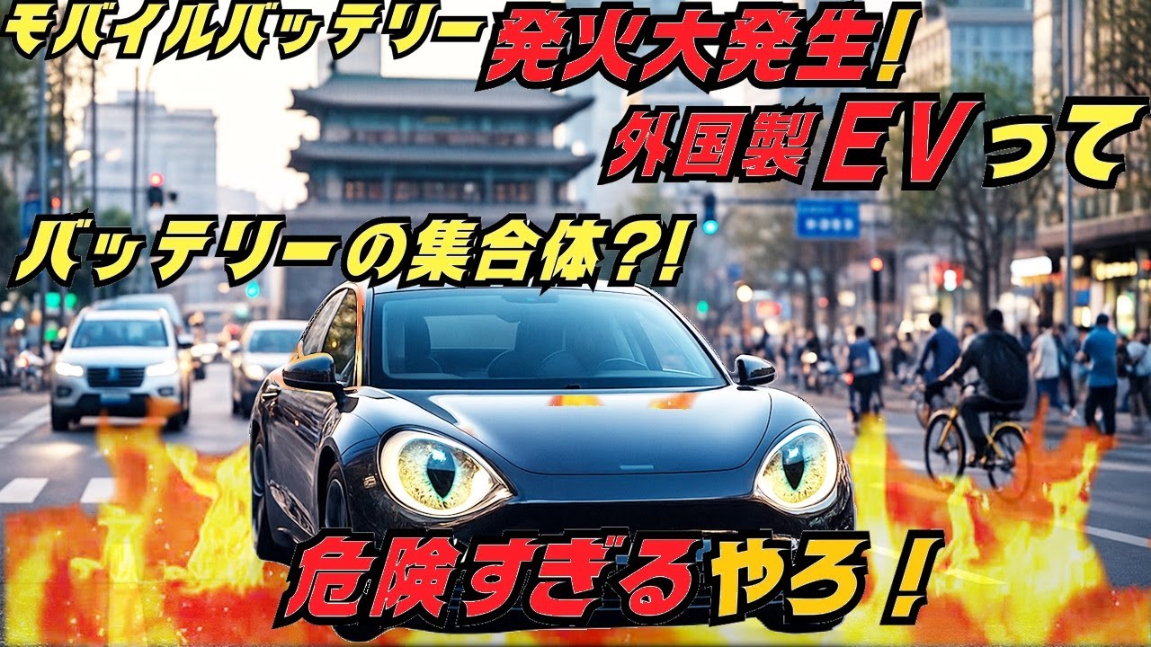 外国製EVって危険やろ。モバイルバッテリー発火事故多発！飛行機が燃えたり車が燃えたり大変重大。EVってそんな危ないバッテリーの集合体と違うのか？#ev ,#ev火災,