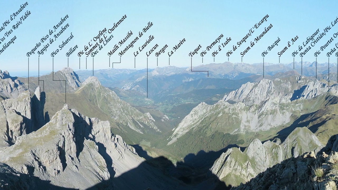 Panorámica de 360º, con nombres anotados, desde la cima del Mallo d'Acherito (Pirineo, Huesca)
