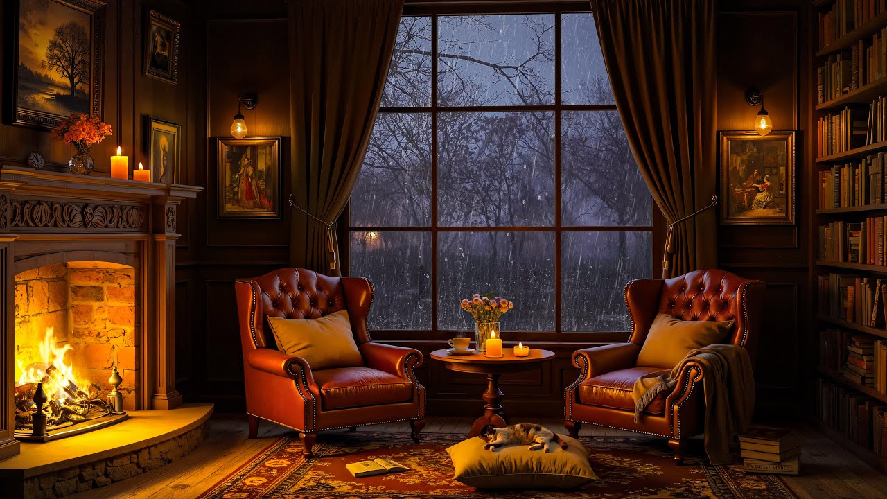 🌧️ Cozy Living Room Ambience on a Rainy Night 🎶 Smooth Piano Jazz Music & Fireplace Sounds to Relax