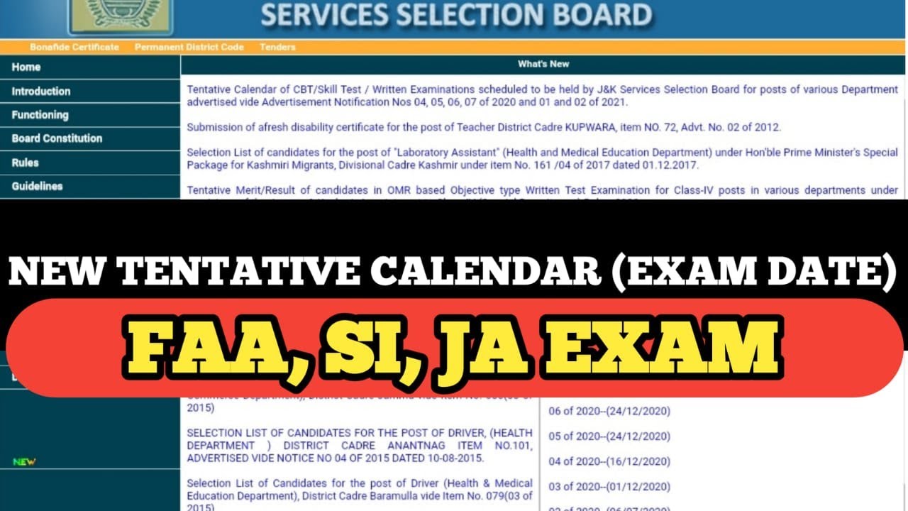JKSSB - NEW TENTATIVE (Exam Date) CALENDER FOR FAA, S.I, JA. Exam 2021.