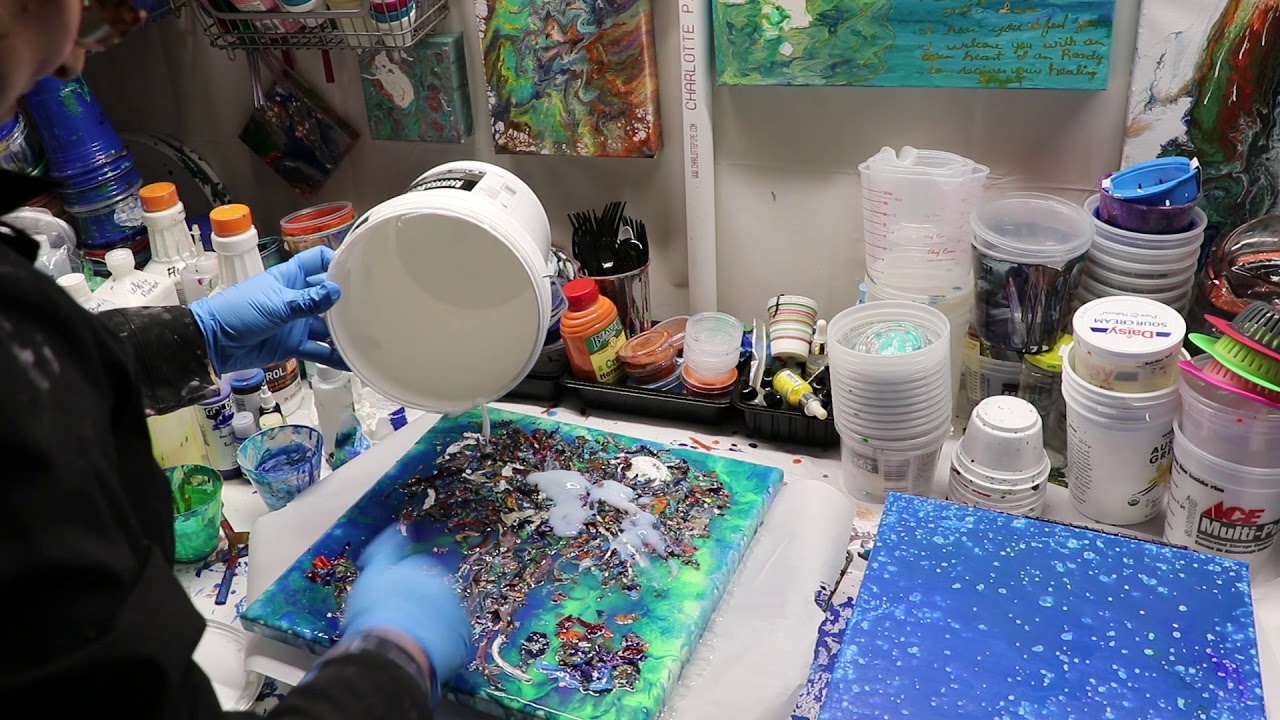 MIXED MEDIA TREE PAINTING WITH DRIED FLUID POUR PAINT