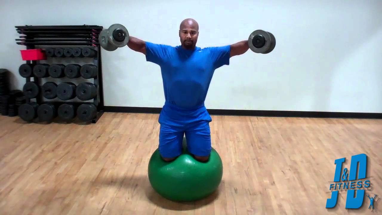 Dumbell Lateral raises & Dumbbell Curls kneeling on stability ball