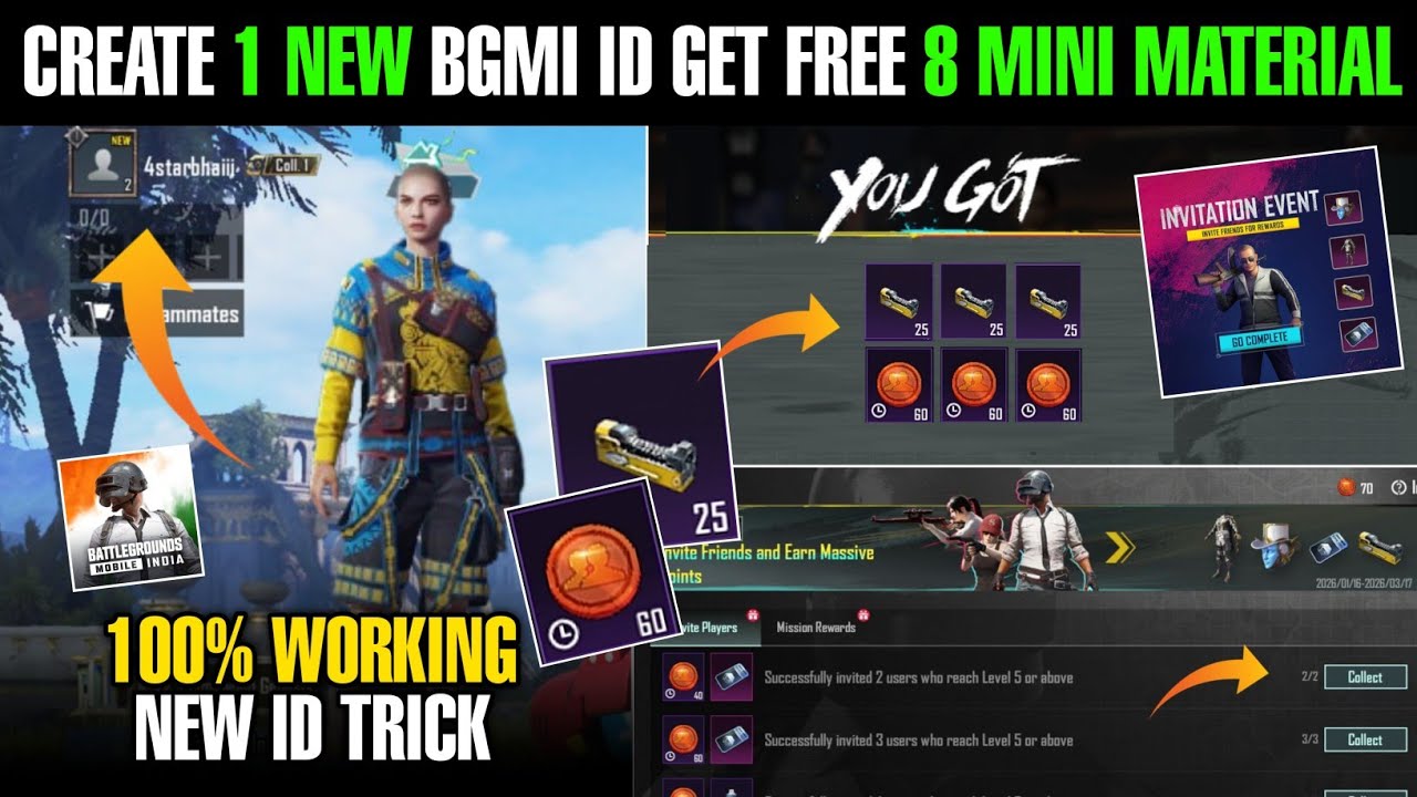 🤨Trick Create 1 New Bgmi ID Get 970+ Invitation Token & 8 Material | Bgmi Free Material Trick