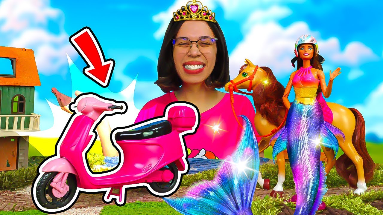 A sereia chega de patinete rosa em uma visita divertida