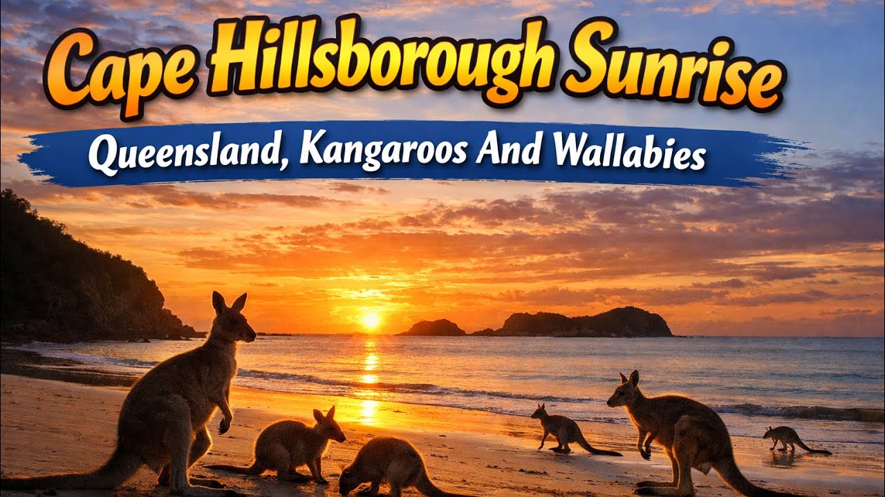 Cape Hillsborough National Park Sunrise, Queensland, kangaroos and Wallabies on the beach.
