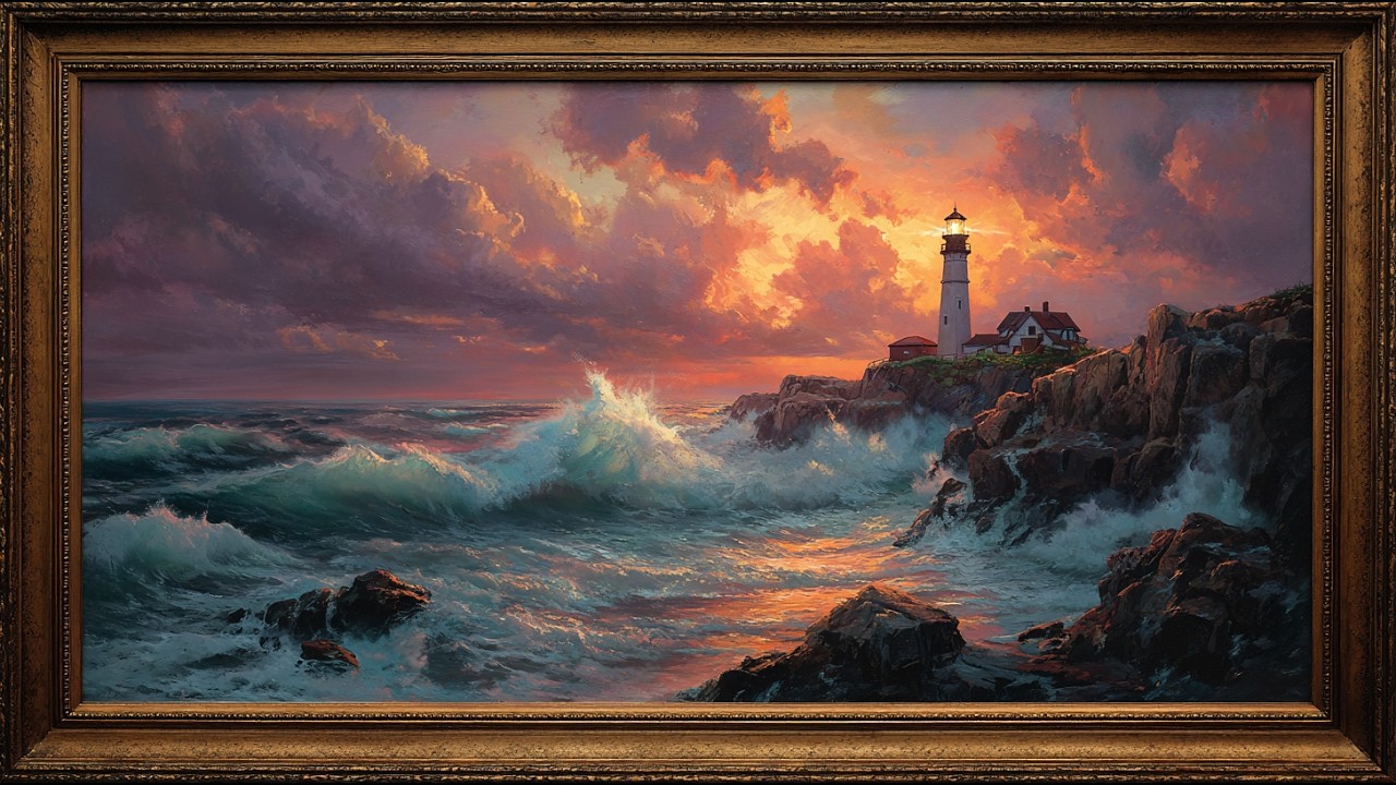 Lighthouse Seascape Painting | Framed Coastal Sunset Art for TV Display | Ocean Wave Frame TV Art 4K