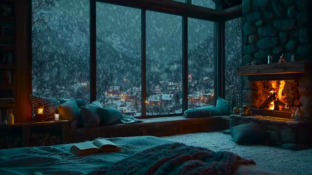 Tranquil Snowy Cabin Evening | Relaxing Fireplace & Soft Snow Sounds for Deep Sleep and Working