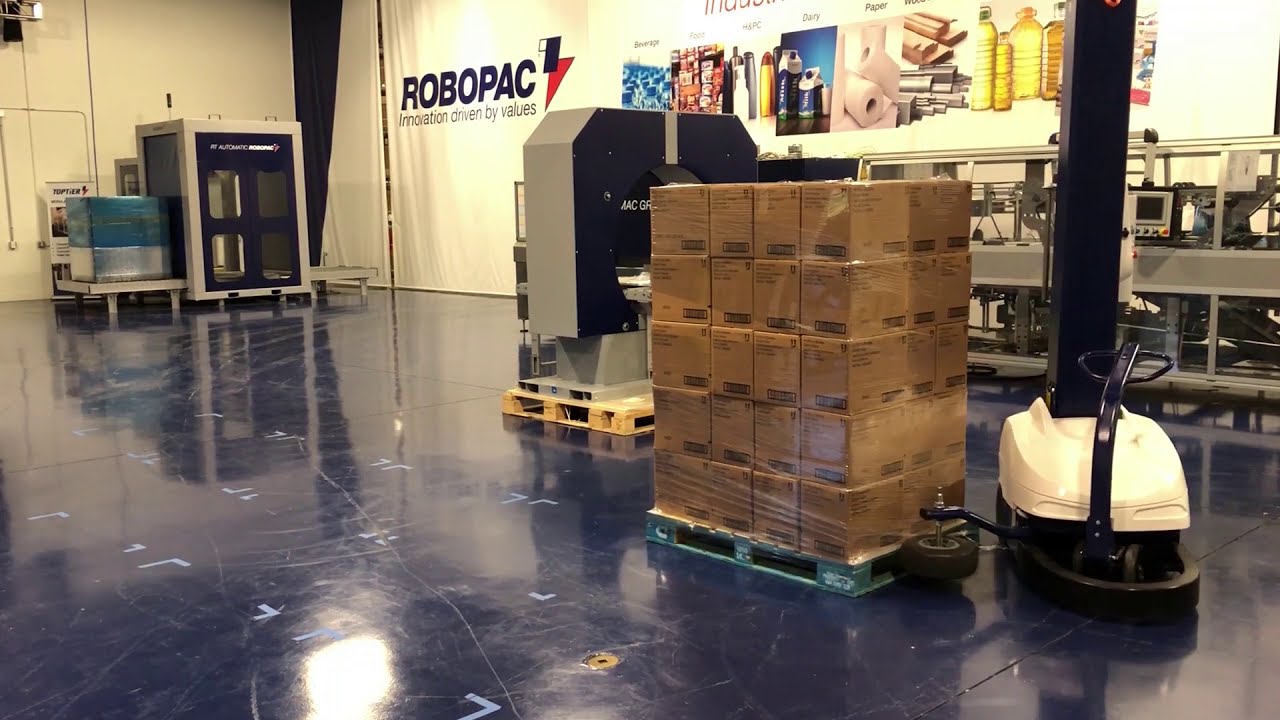 Robot Master portable semi automatic stretch wrapper wrapping a tall load - Robopac USA
