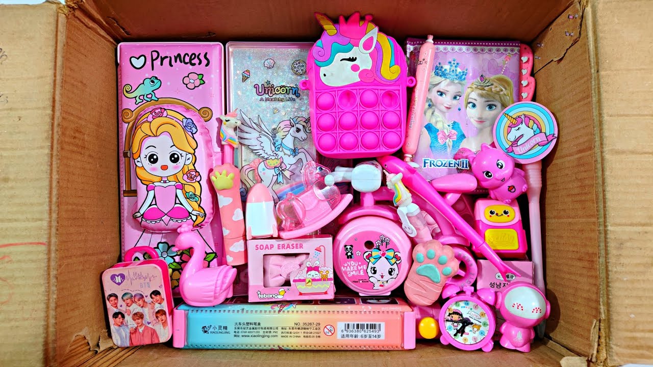 Unboxing Surprise Pink Stationery📚, Unicorn Pencil Case, Pouch, Sharpener, Pen, Notebook, 3D Eraser