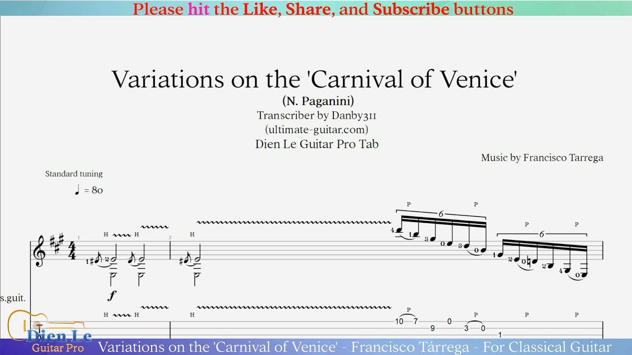 Variations on the 'Carnival of Venice' - Francisco Tárrega - For Classical Guitar with TABs