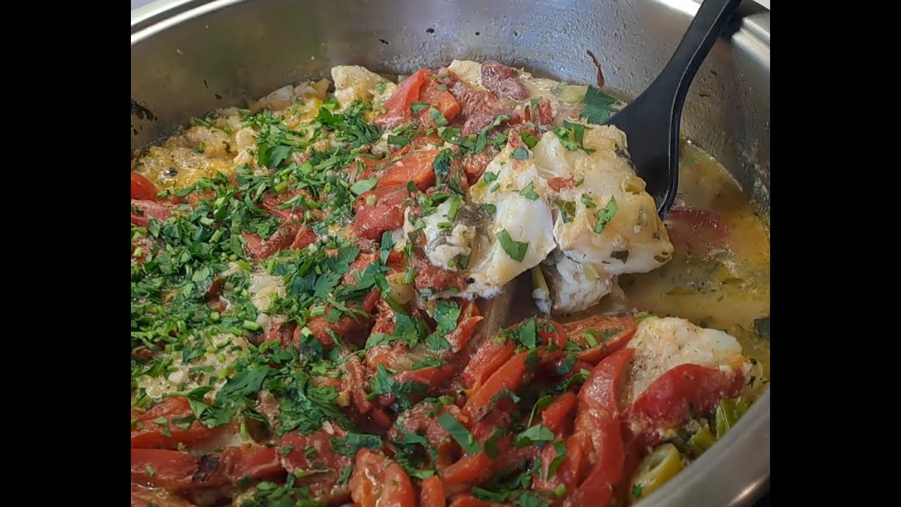 BAKALAOS (Salt Cod) with ROASTED RED PEPPERS & CHERRY TOMATOES