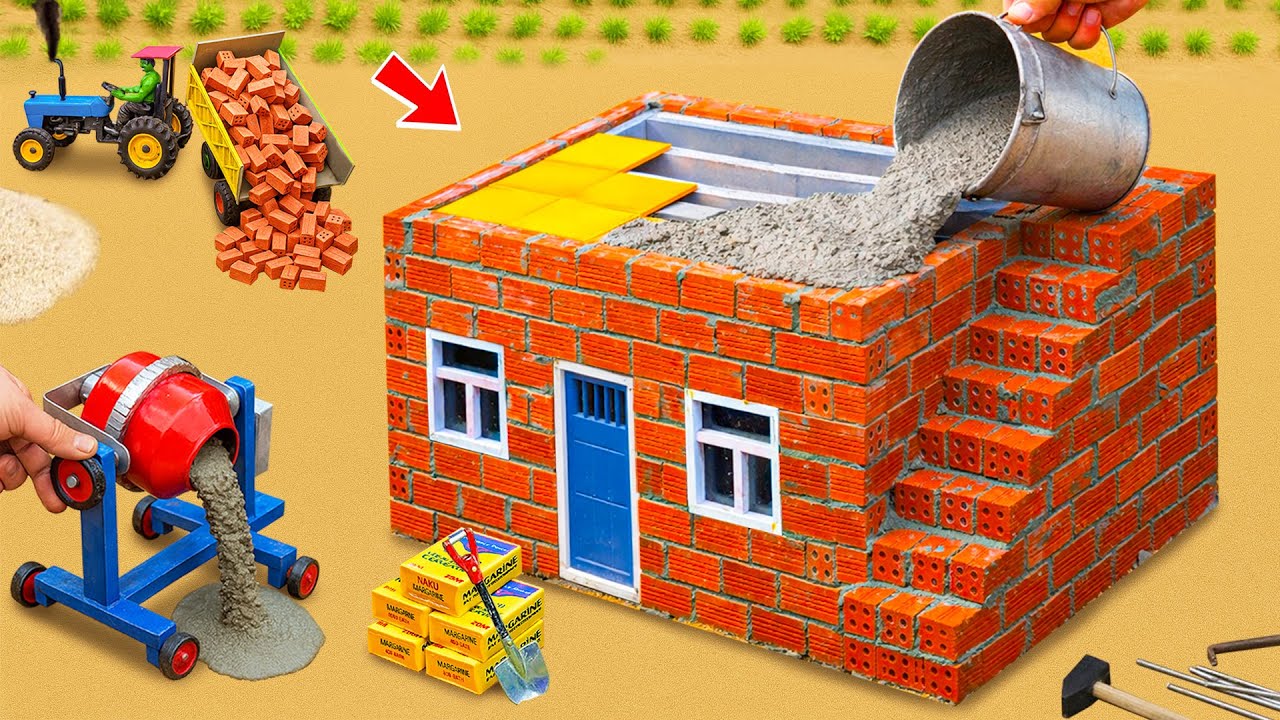 DIY Mini Heavy Tractor Builds a Strong Brick & Cement House for Two | Mini Construction