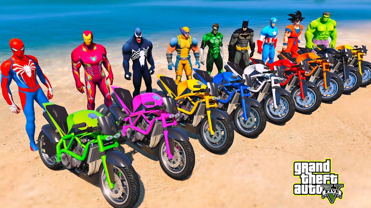SPIDERMAN RACING MOTORCYCLES CRAZY STUNTS on MEGA BEACH RAMP, SUPERHEROES MOTOS STUNTS RACE - GTA 5