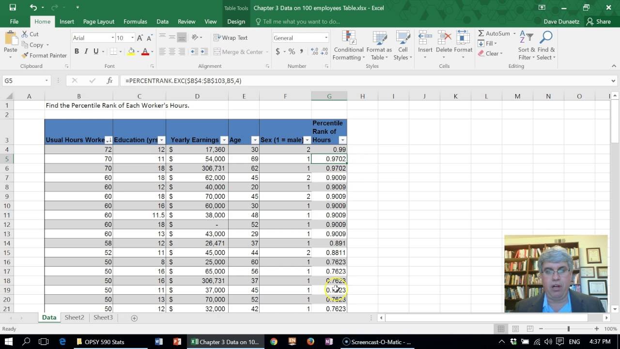 How to Calculate the Percentile Rank of Scores using Excel 2016 for Windows