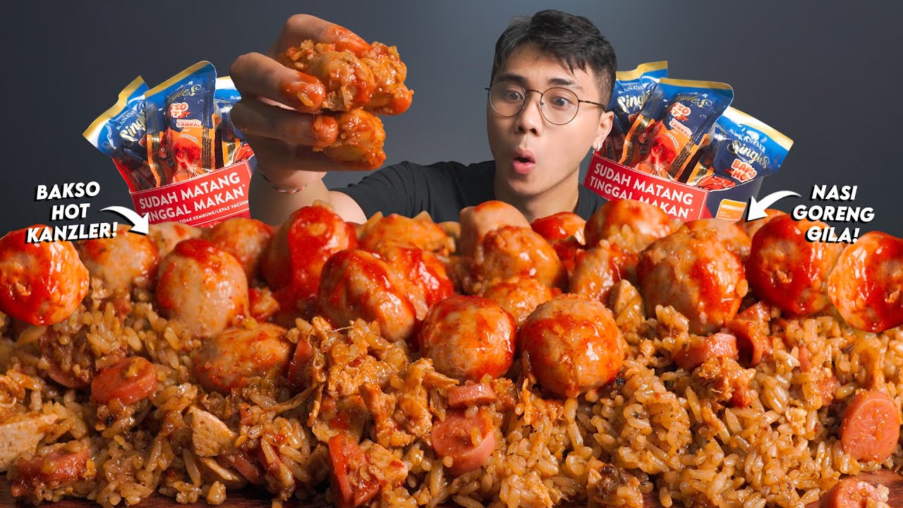 GILAK!! MUKBANG NASI GORENG PEDAS PORSI JUMBO + BAKSO HOT KANZLER!! PANAS!!🥵