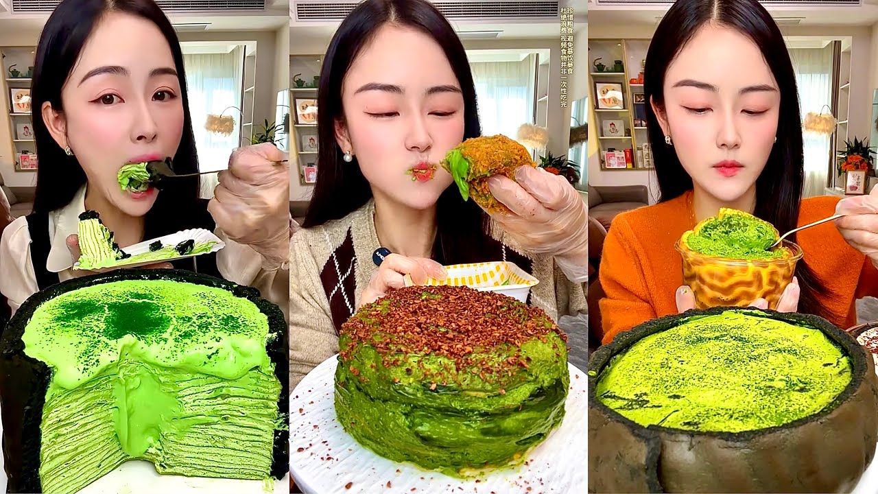 ASMR MUKBANG – Matcha Mille Crepe Cake & Matcha Cream Layer Cake Eating Sounds