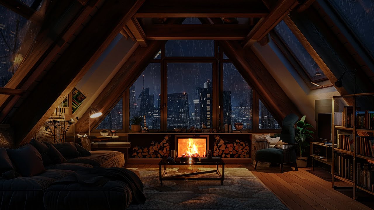 Soft Rain Holding the Firelight | A Quiet Night Refuge for Deep Ease and Rest