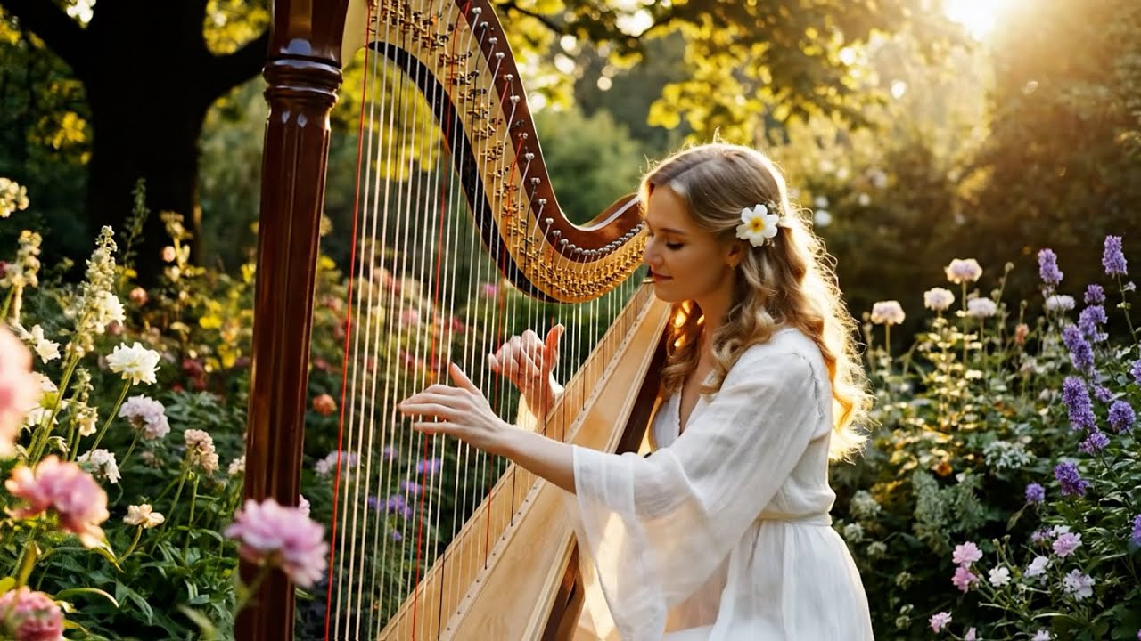 Secret Garden HARP Music 🌸 Sunlit Flower Ambience for Deep Relaxation, Focus & Stress Relief