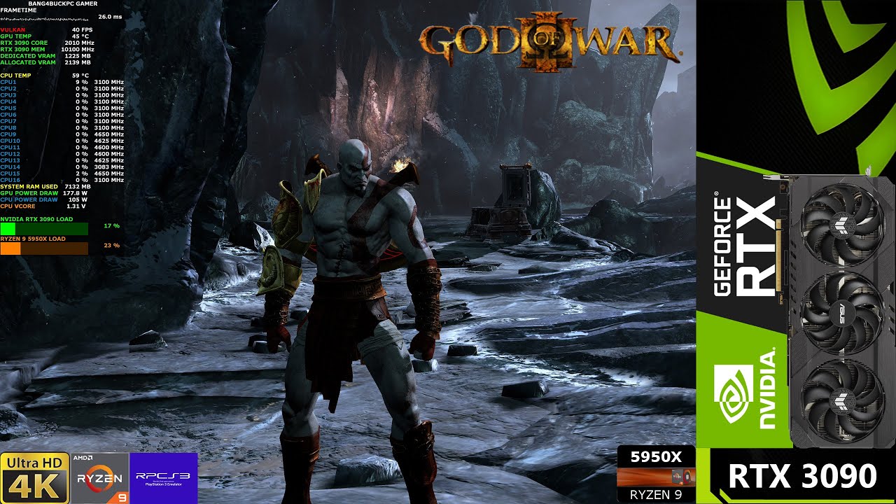 God Of War 3 4K , Ryzen 9 5950X RPCS3 PS3 Emulator Performance | RTX 3090