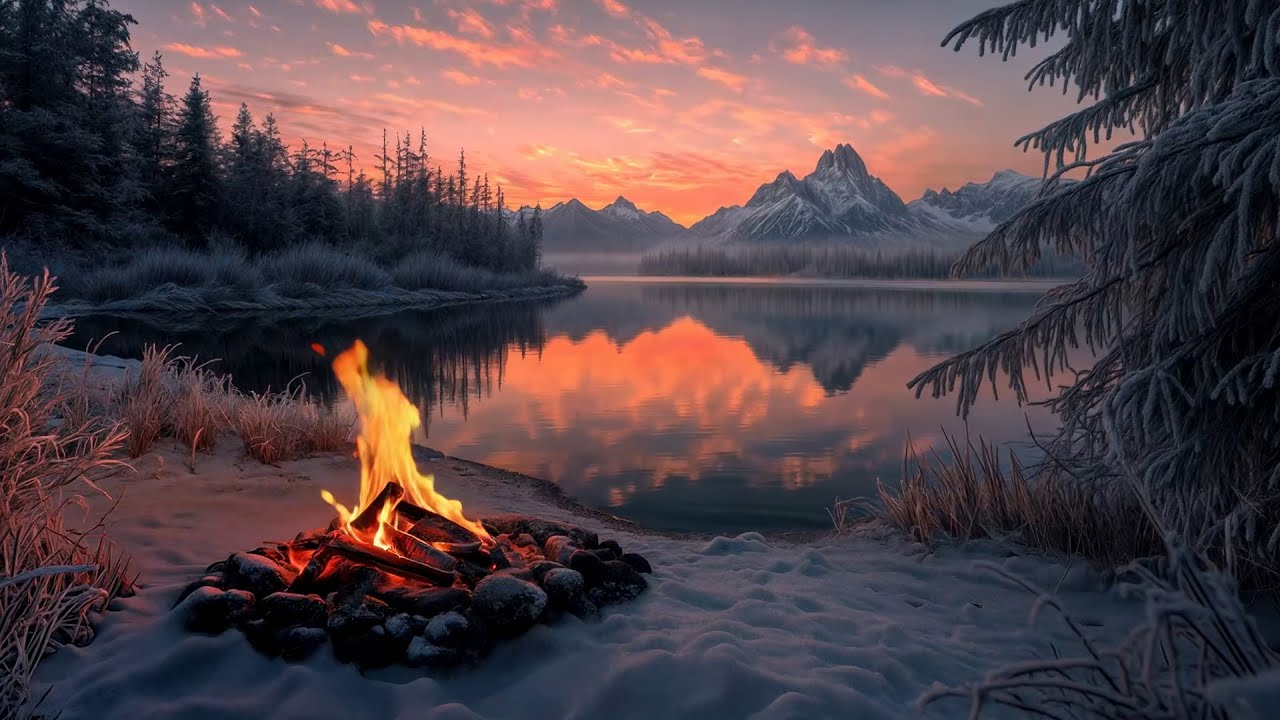 You&rsquo;re Sitting by a Campfire at Sunset ❄️🔥 Gentle Lake Sounds & Winter Evening Ambience