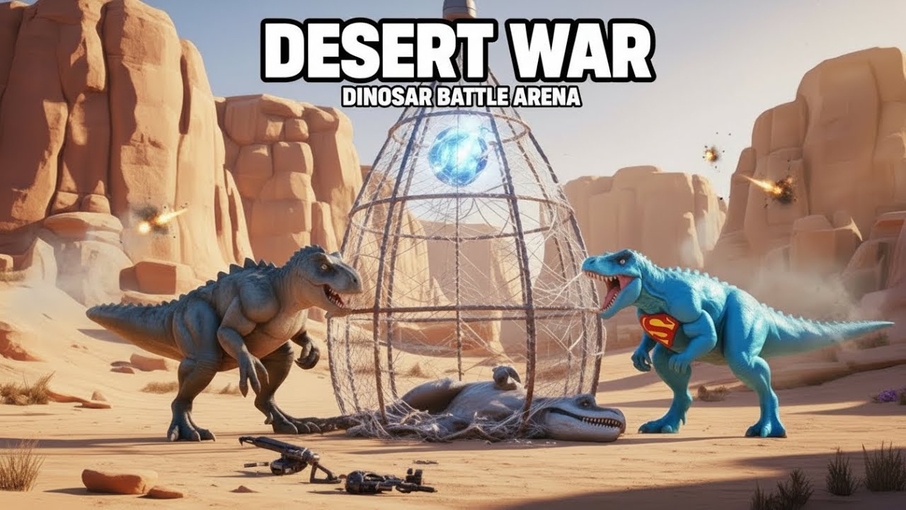 Superhero T Rex Desert Arena Battle! Spider Dino vs Hulk Dino vs Iron Dino Epic Fight 🦖🔥⚔️