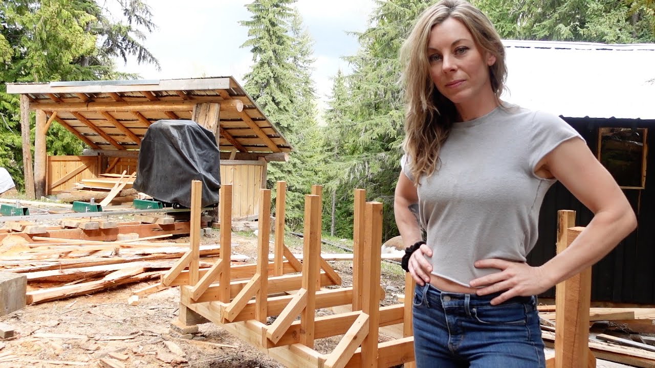 My nice new rack for my slabs! Freshly sawn cedar sawmill slab rack.