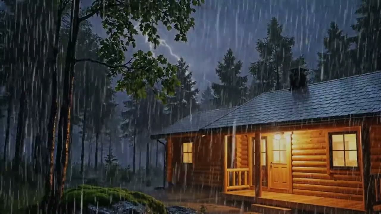 Heavy Rain on a Wooden Cabin with Distant Thunder — Deep Sleep Ambience (8 Hours)