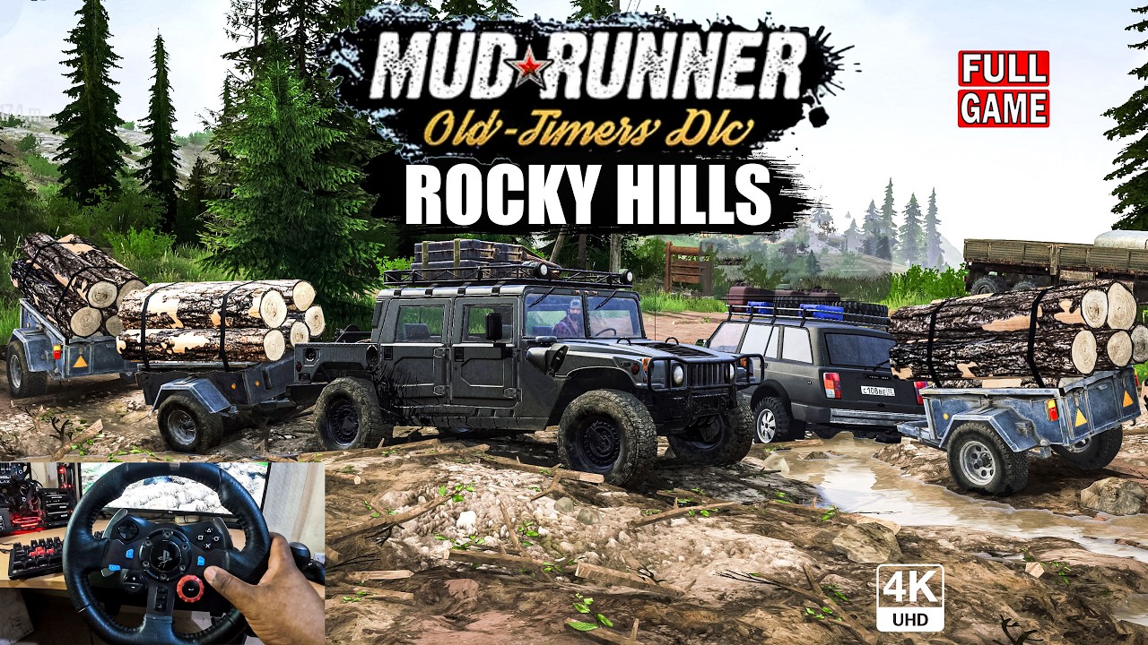 MudRunner Old-timers DLC Rocky Hills Full Game Playthrough with Steering Wheel 4K60